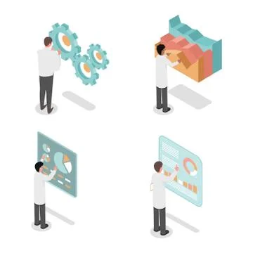 People developing, make inventions and analyzing data vector isometric 3d Stock Illustration