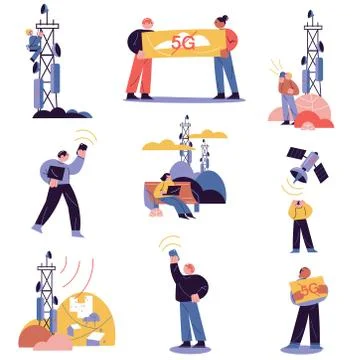 People developing, testing and protesting against 5g technologies and equipment Illustrazione stock