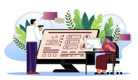 People developing website. Man and woman near computer with code. Programmers Stock Illustration