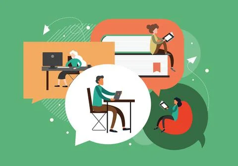 People in dialog speech bubbles, flat vector illustration. Communication, online Stock Illustration