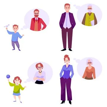 People of different age thinking about their future, flat vector illustration Illustrazione stock