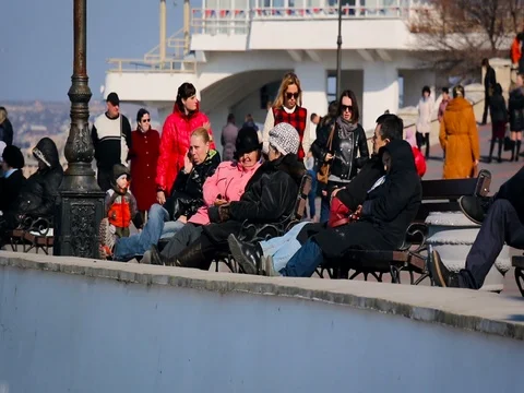 People of Different Ages Are Sitting on the Benches and Relax in Sevastopol Stock Footage 71996839