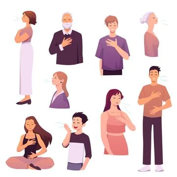 People different ages making calm breathing exercise, holding chest and stomach 스톡 일러스트