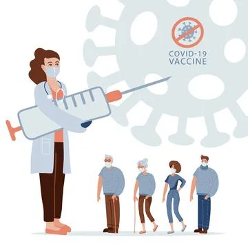 People of different ages in queue waiting for vaccination. Female doctor holding Stock Illustration