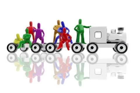 People of different colors mounted on a train Stock Illustration