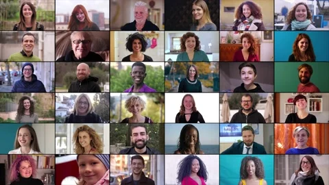 People of different ethnicities smiling staring at the camera - multiscreen Stock Footage 226358156