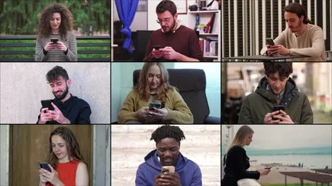 People of different ethnicities use smartphone to send messages or surf the web Stock Footage