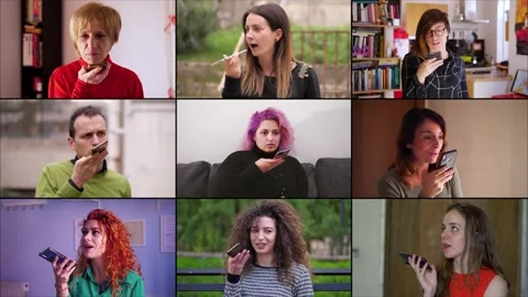 People of different ethnicities using the voice recorder to send a message Video stock 219436132
