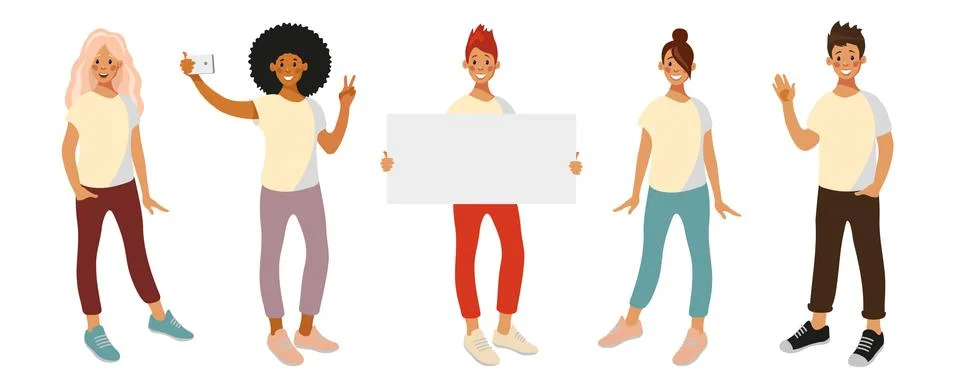 People with different gestures, presentation, selfie, greeting. Stock Illustration
