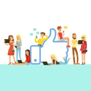 People With Different Modern Gadgets Using Social Networks Around Giant Like 스톡 일러스트