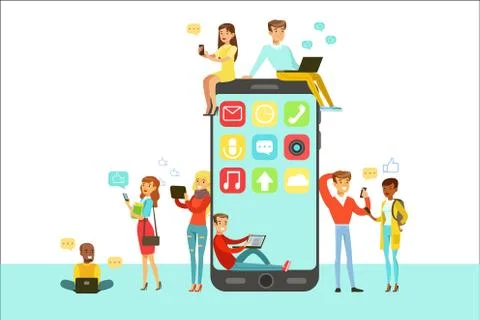 People With Different Modern Gadgets Using Social Networks Around Giant Stock Illustration