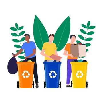 People of different nationalities sort garbage into containers. Stock Illustration
