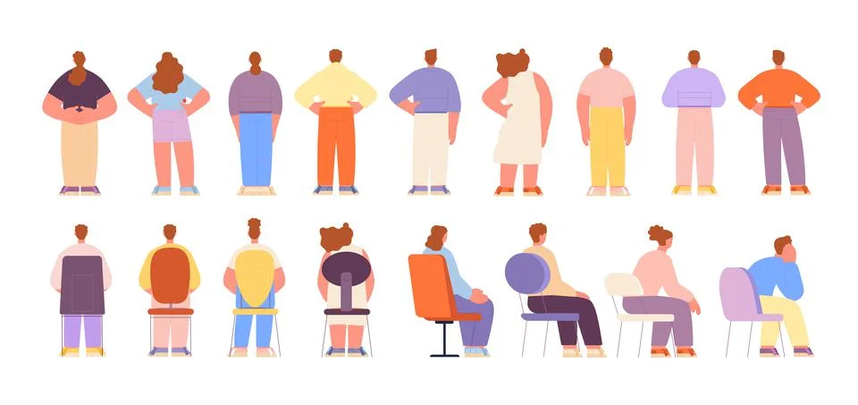 People in different poses. Backs characters, isolated standing and sitting man Illustrazione stock