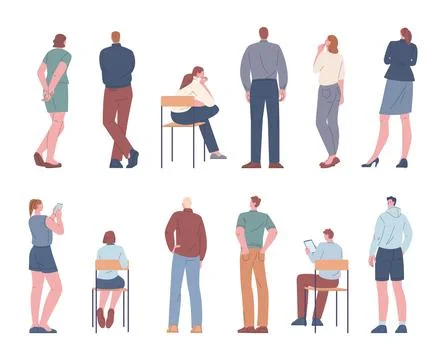 People in different poses, standing and sitting on chairs rear view. Isolated Illustrazione stock