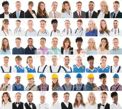 People With Different Profession In Row Against White Background Stock Photos