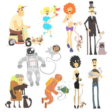 People of Different Professions with Pets. Vector Illustration Set Stock Illustration