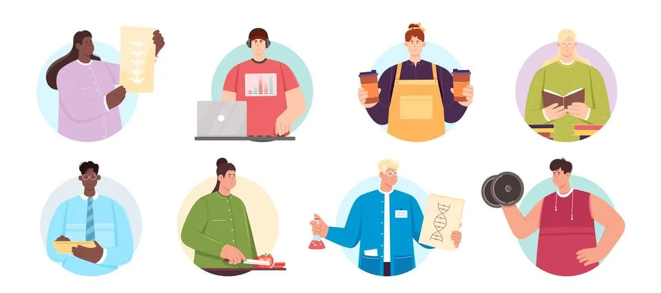 People of different professions in round frames set, portraits of professional 스톡 일러스트