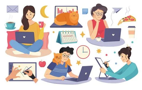 PEOPLE OF DIFFERENT PROFESSIONS WORK AT HOME ON A COMPUTER Stockillustratie