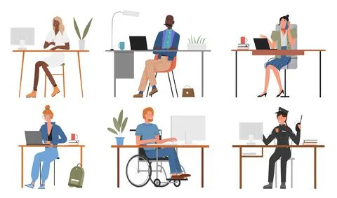 People of different professions work set, sitting at table with computer or Illustration