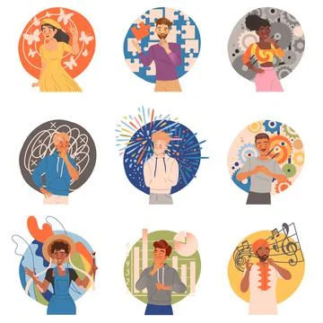 People with different types of thinking. Analytical, imaginative, chaotic Stock Illustration