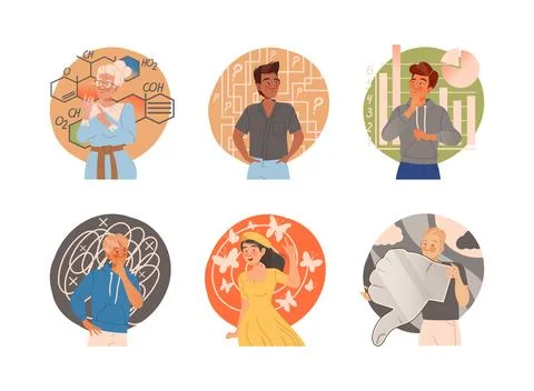People with Different Types of Thinking with Positive, Negative and Analytical Stock Illustration