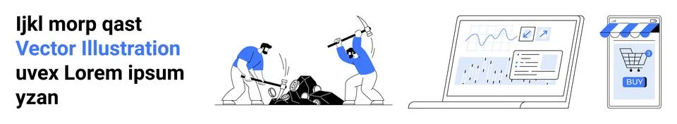 People Digging, Data Analysis on Laptop, Online Shopping on Mobile イラスト素材