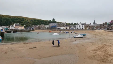 People Digging in the Sand at Low Tide at Stonehaven Harbour with Boats Behind Stock Footage 329397604