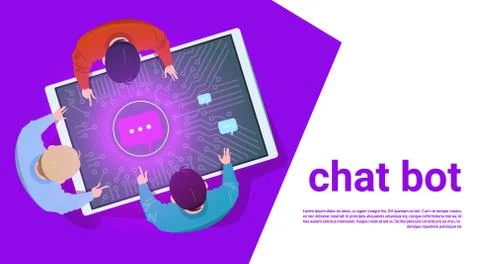 People At Digital Tablet Use Chat Bot Support Service Top Angle View Stock Illustration