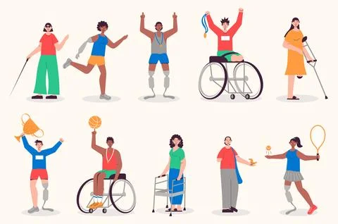 People with disabilities set in flat design. Men and women with protesis ha.. 스톡 일러스트