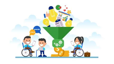 People with disabilities working on creative projects. Turning ideas into money. Stock Illustration