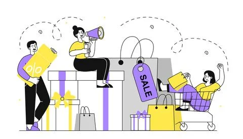 People with discounts vector linear イラスト素材