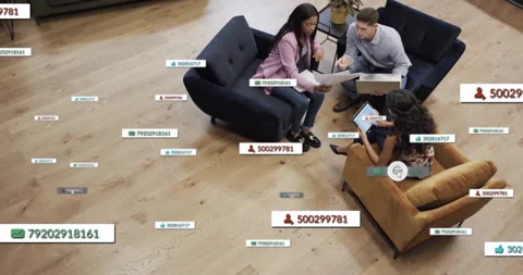 People discussing documents in office with data processing animation over them Stock Footage 304569933