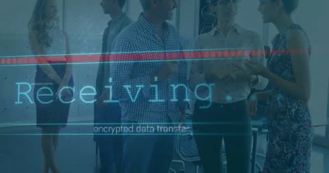 People discussing in office with encrypted data transfer animation overlay Stock Footage 304843082