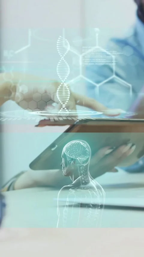 People discussing over tablet with digital brain and DNA animations overlay Stock Footage 319727646