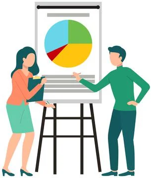 People discussing pie chart with statistical data. Couple brainstorming with Stock Illustration