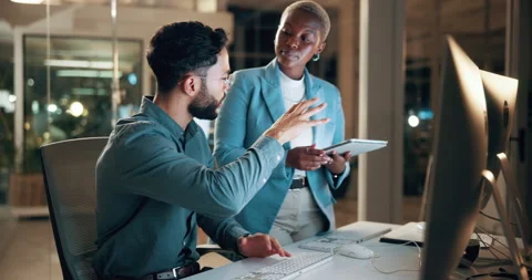 People, discussion and teamwork with tech in office, troubleshooting and Stock Footage 336310280