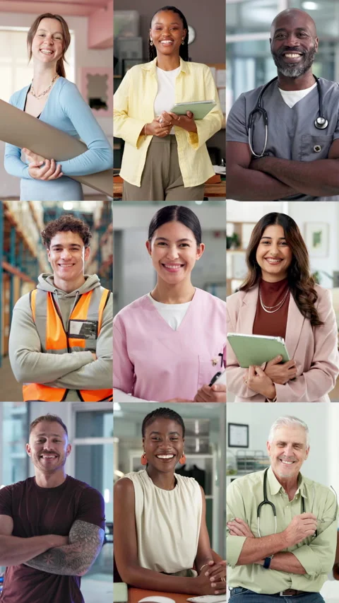 People, diversity and face with profession in collage for global difference or Stock Footage 335374449
