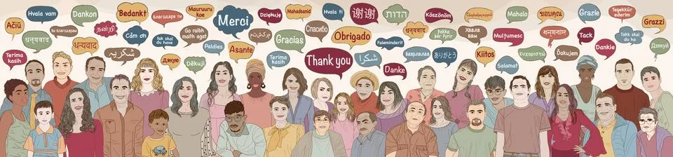 People diversity with speech bubble with text -Thank you- in various languages Stock Illustration