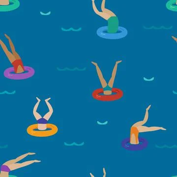 People diving, jumping into water throw the rubber ring on the beach, water p Stock Illustration