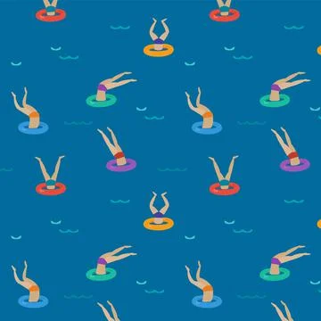 People diving, jumping into water throw the rubber ring on the beach, water p Stock Illustration