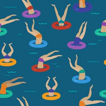 People diving, jumping into water throw the rubber ring on the beach, water p Stock Illustration