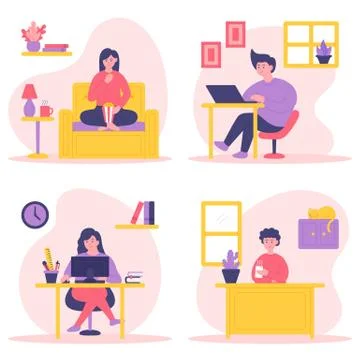 People do different activities while stay at home. People in quarantine Stock Illustration