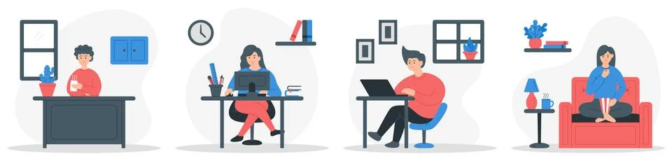 People do different activities while stay at home. イラスト素材