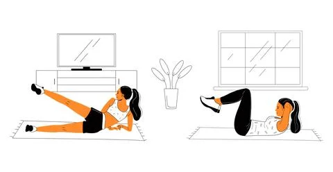 People do exercises, squats, do yoga. Women do sports at home Stock Illustration