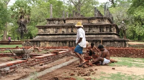 People do restoration work in the ancient city of Polonnaruwa, Sri Lanka. Stock Footage 62314025