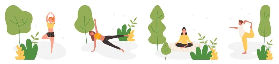 People do yoga activity in summer city park set with cartoon active man woman Stock Illustration