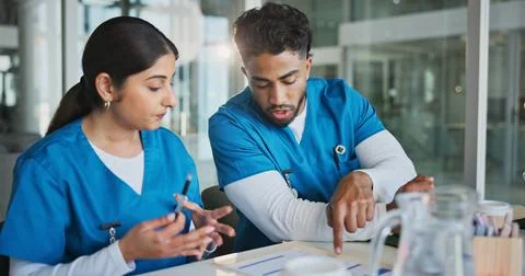 People, doctors and reading document in office for planning, medical result.. Stock Photos