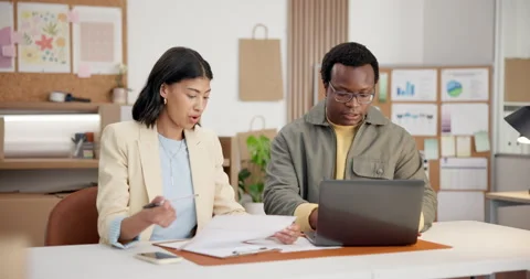 People, document and laptop at startup for ecommerce, logistics and sales report Stock Footage 345702296