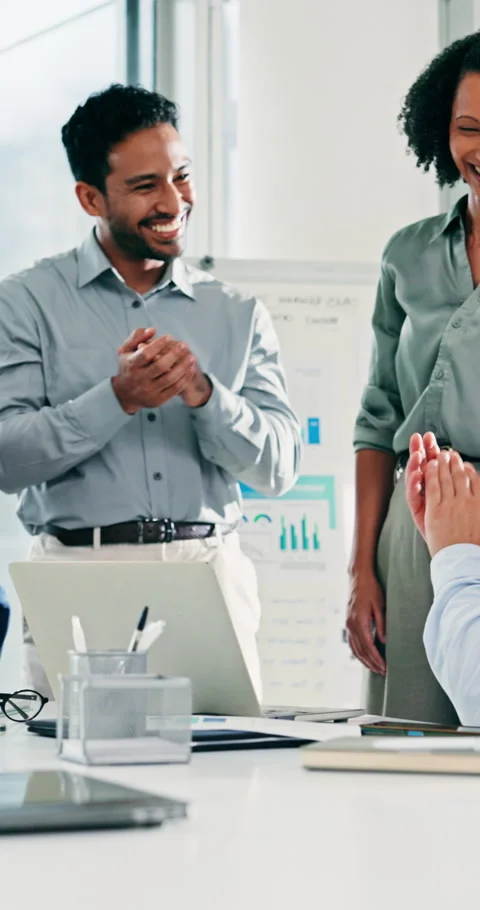 People, documents and applause at office meeting with team with laptop, goals Stock Footage 333252466