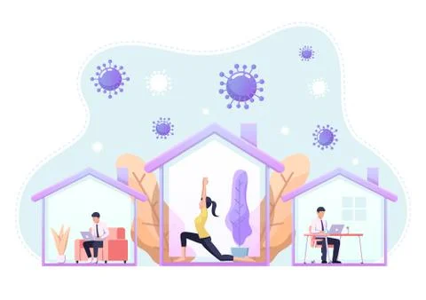 People doing activity or working at home to prevent COVID-19 coronavirus infe Stock Illustration